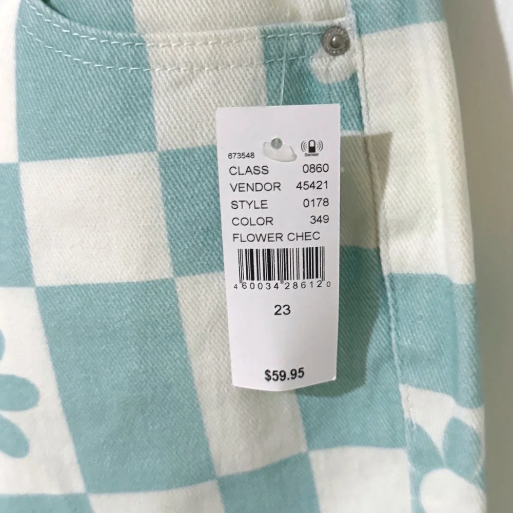 PacSun Mom Jeans Teal White Checkered Daisy Flower Print‎ High Rise Size 23 NWT